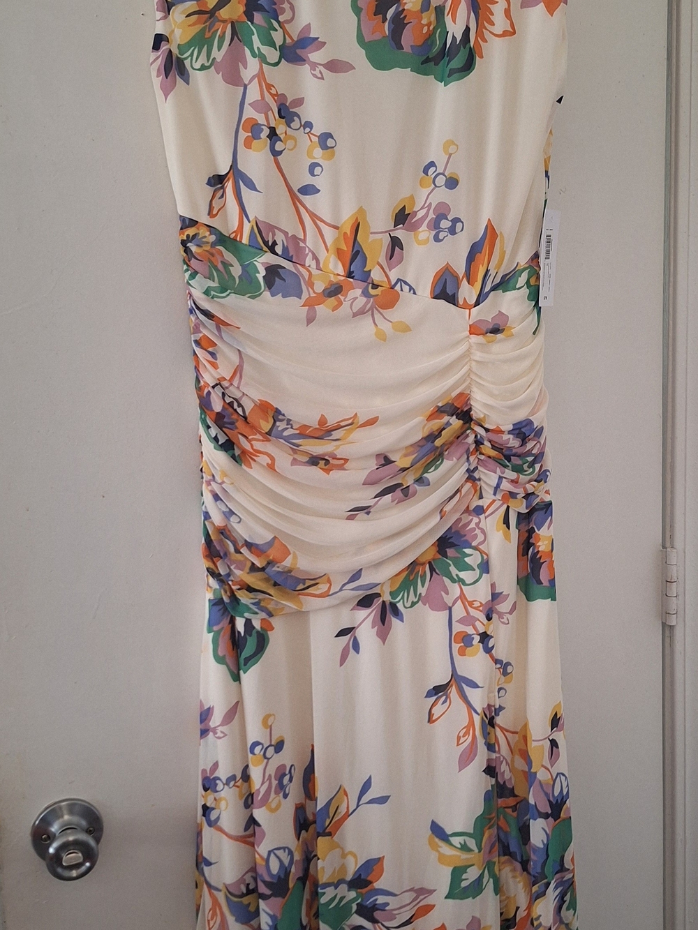 Cream Floral Ruched Maxi Dress with Multi-Color Bouquet